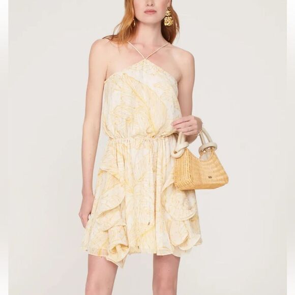 Alexis Yellow and White Metallic Hugo Halter Ruffle Mini Dress| Size M - Picture 1 of 13